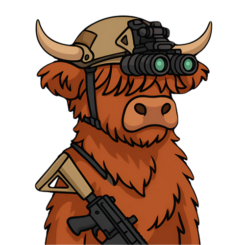 Cartoon bull with tactical helmet and rifle on a white background